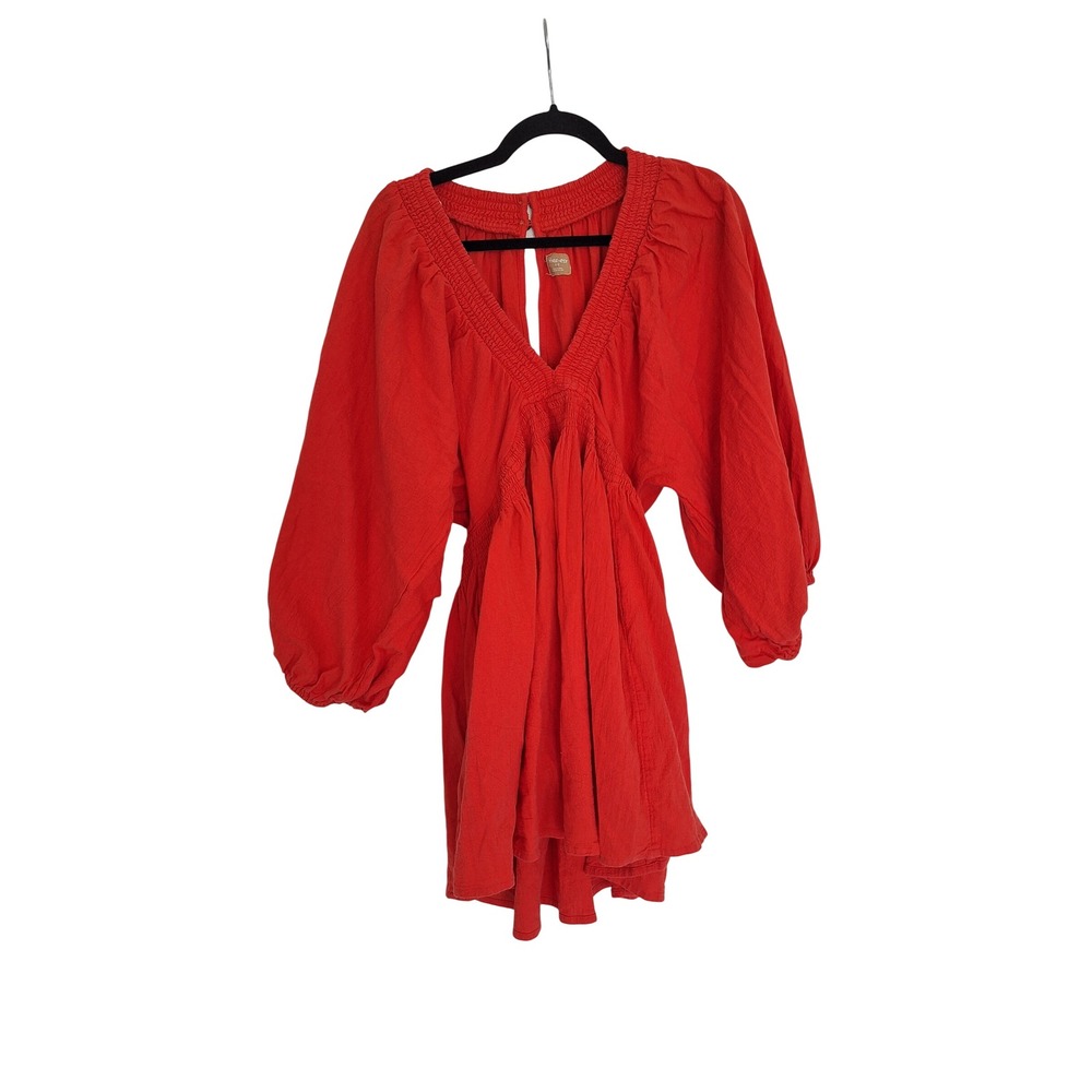 Free People Free-est Red Cotton Gauze Smocked Mini Dress Balloon Sleeve Large